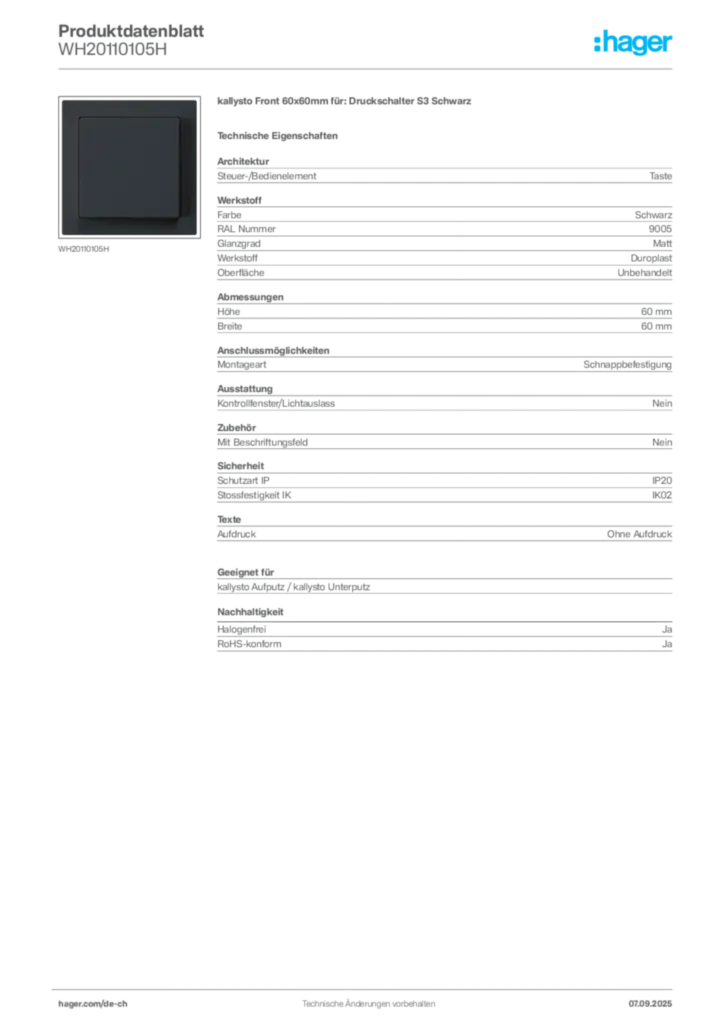 Bild Hager Produktdatenblatt WH20110105H | Hager Schweiz