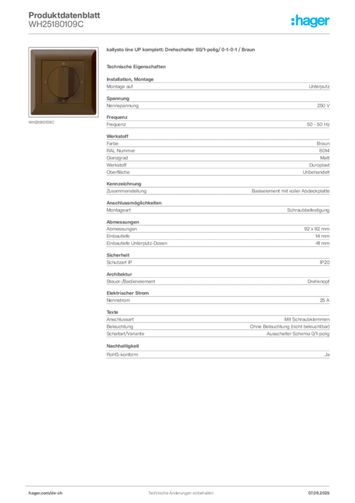 Bild Hager Produktdatenblatt WH25180109C | Hager Schweiz