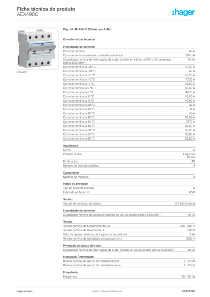 Imagem Hager Ficha técnica do produto AEX490C | Hager Portugal