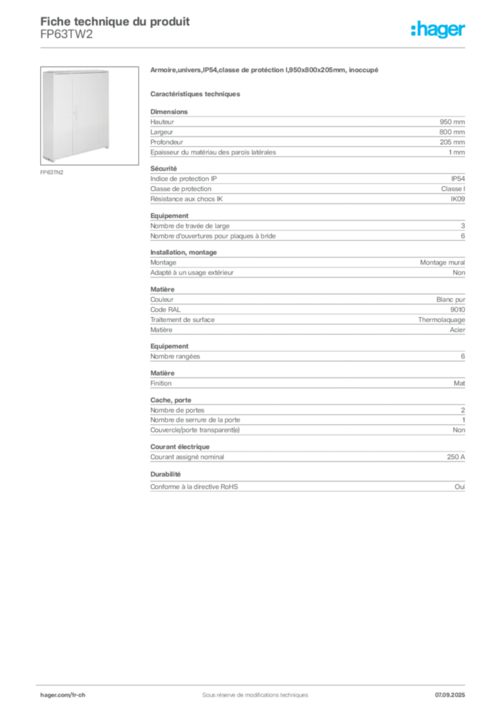 Image Hager Fiche technique du produit FP63TW2 | Hager Suisse