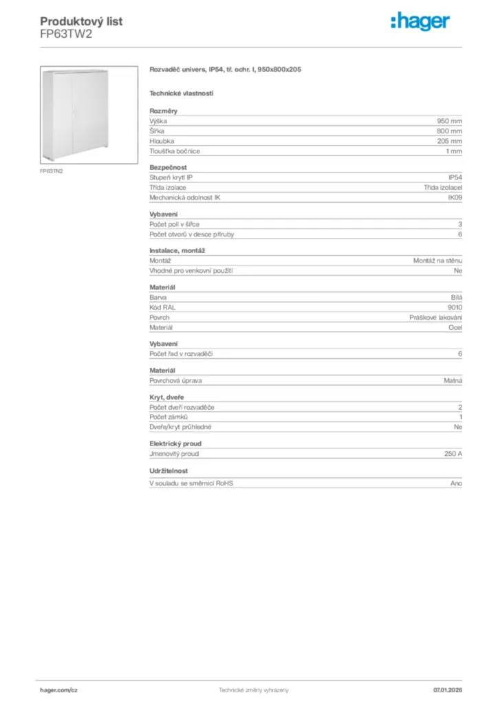 Obrázek Hager Product data sheet FP63TW2 | Hager
