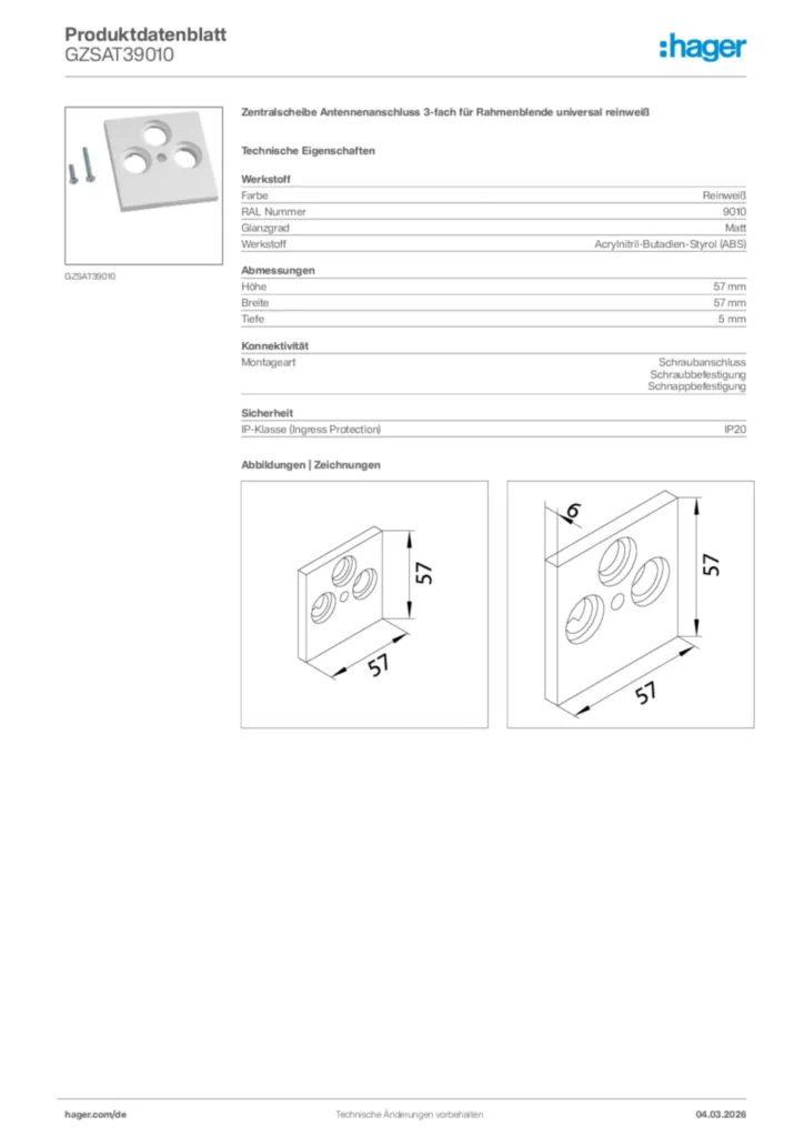 Bild Hager Produktdatenblatt GZSAT39010 | Hager Deutschland