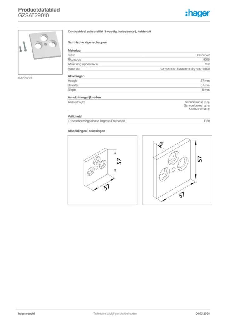 Afbeelding Hager Productdatablad GZSAT39010 | Hager Nederland