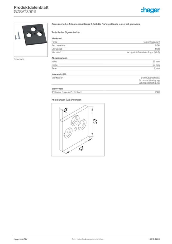 Bild Hager Produktdatenblatt GZSAT39011 | Hager Deutschland