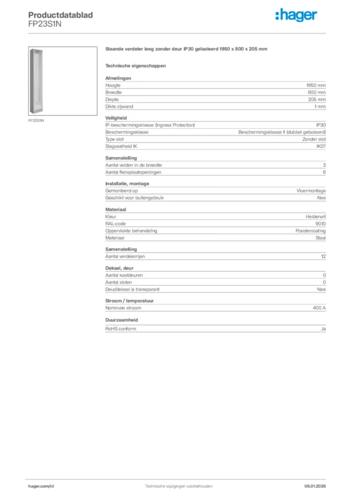 Afbeelding Hager Productdatablad FP23S1N | Hager Nederland