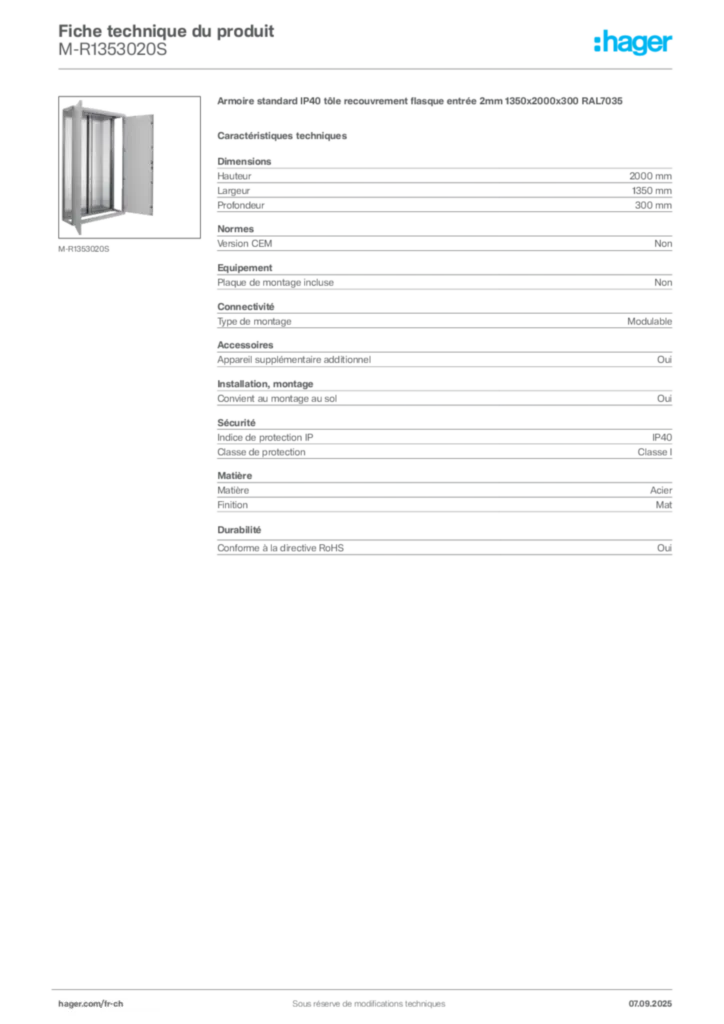 Image Hager Fiche technique du produit M-R1353020S | Hager Suisse