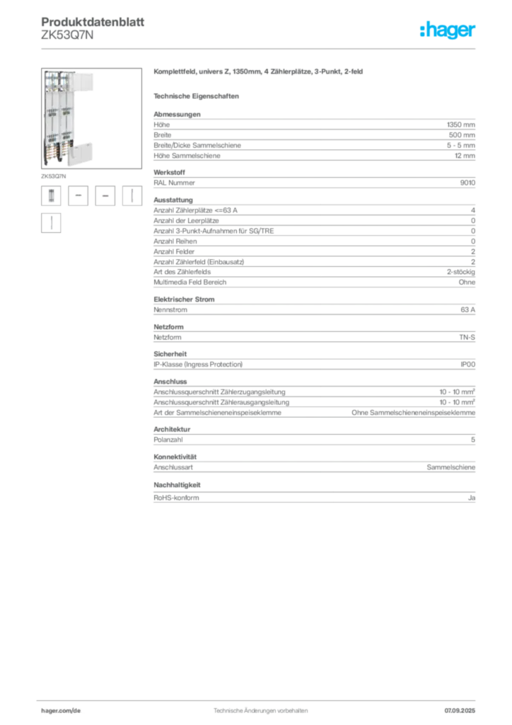 Bild Hager Produktdatenblatt ZK53Q7N | Hager Deutschland