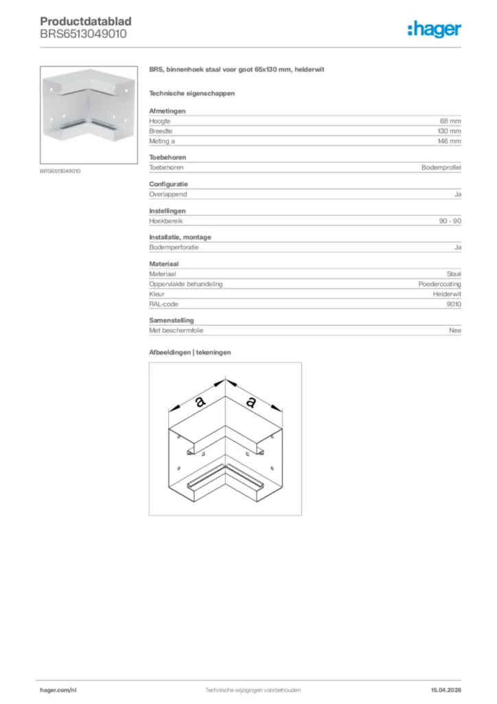Afbeelding Hager Productdatablad BRS6513049010 | Hager Nederland