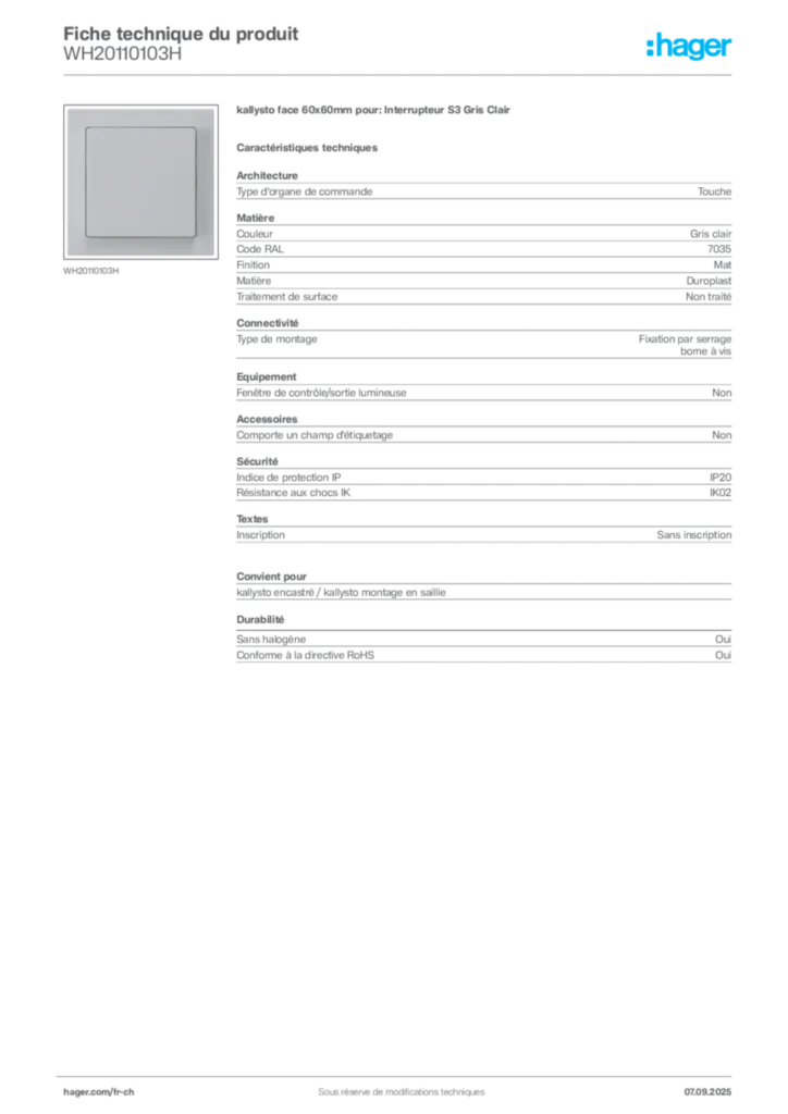 Image Hager Fiche technique du produit WH20110103H | Hager Suisse