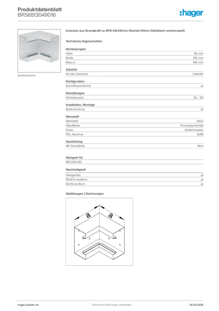 Bild Hager Produktdatenblatt BRS6513049016 | Hager Schweiz