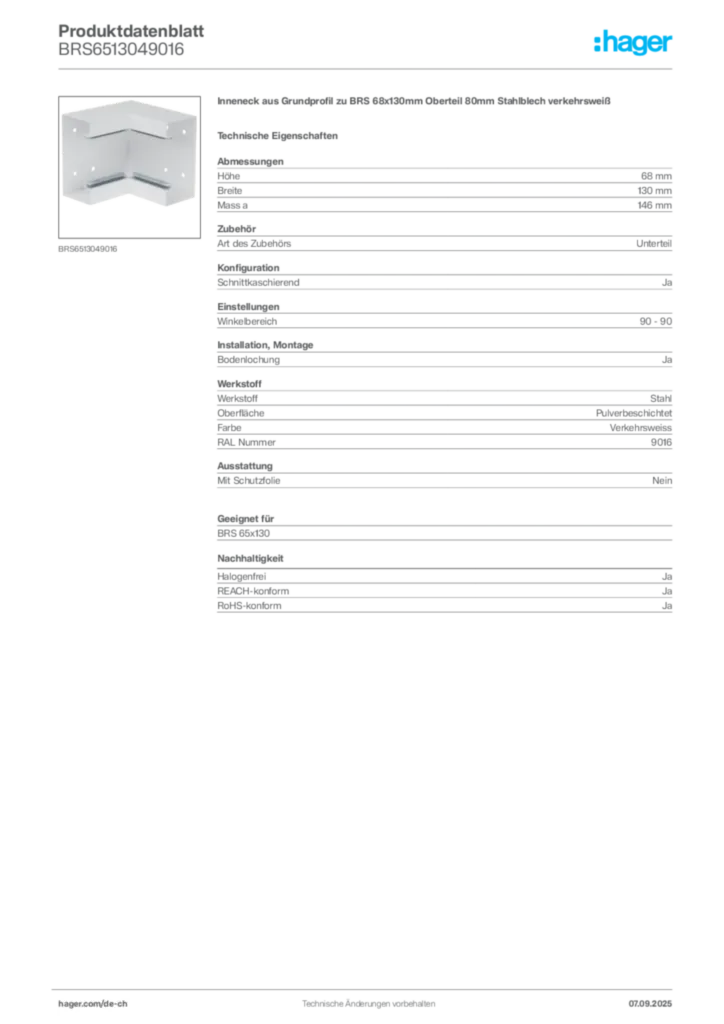 Bild Hager Produktdatenblatt BRS6513049016 | Hager Schweiz