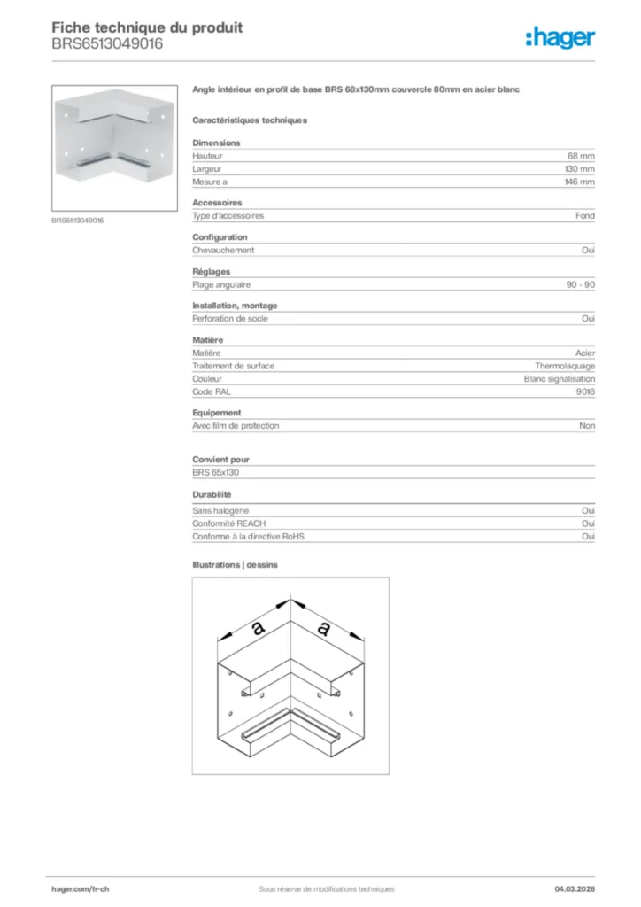Image Hager Fiche technique du produit BRS6513049016 | Hager Suisse