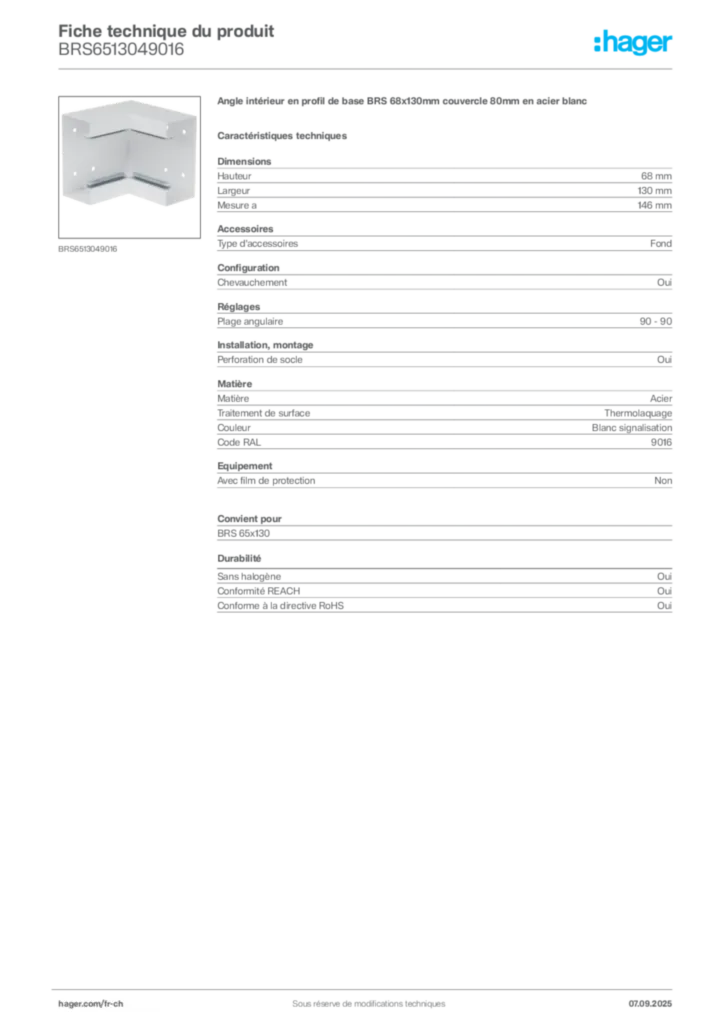 Image Hager Fiche technique du produit BRS6513049016 | Hager Suisse