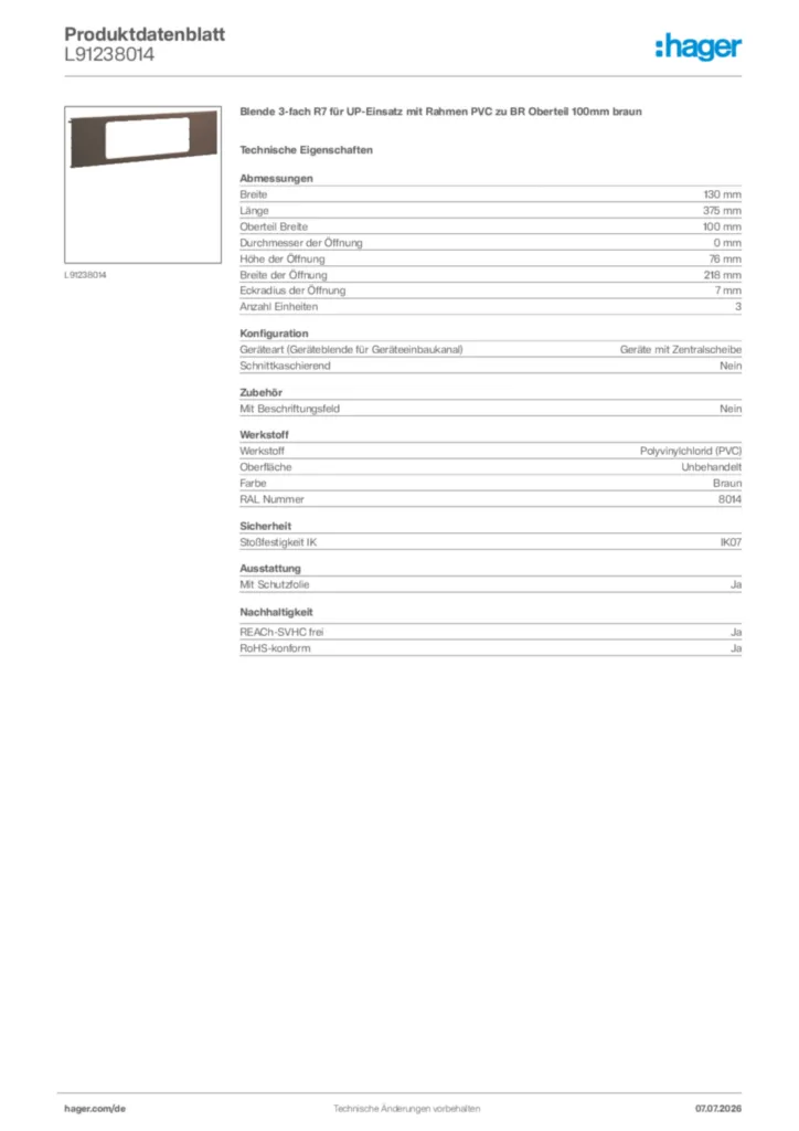Bild Hager Produktdatenblatt L91238014 | Hager Deutschland
