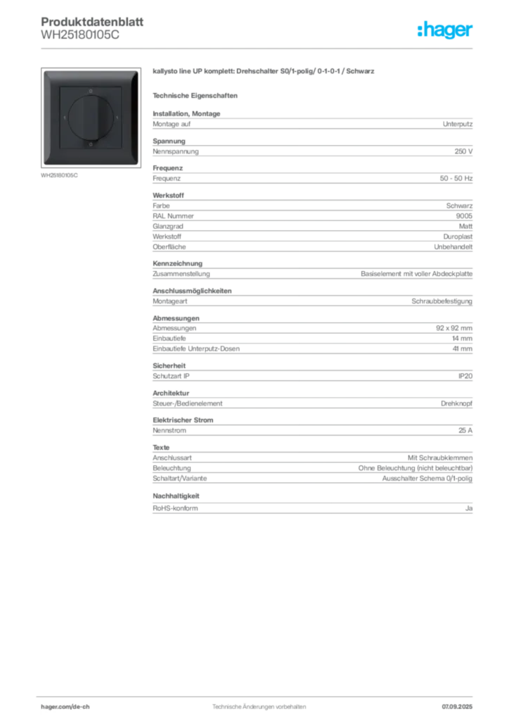Bild Hager Produktdatenblatt WH25180105C | Hager Schweiz
