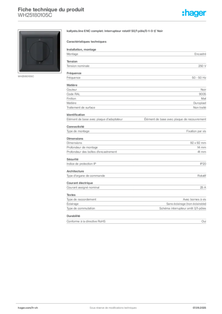 Image Hager Fiche technique du produit WH25180105C | Hager Suisse