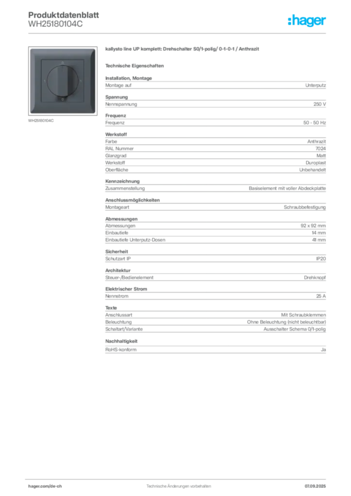 Bild Hager Produktdatenblatt WH25180104C | Hager Schweiz