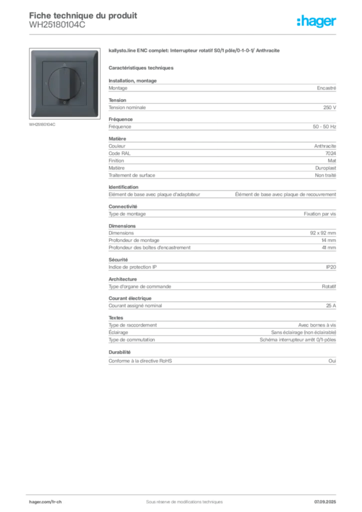 Image Hager Fiche technique du produit WH25180104C | Hager Suisse