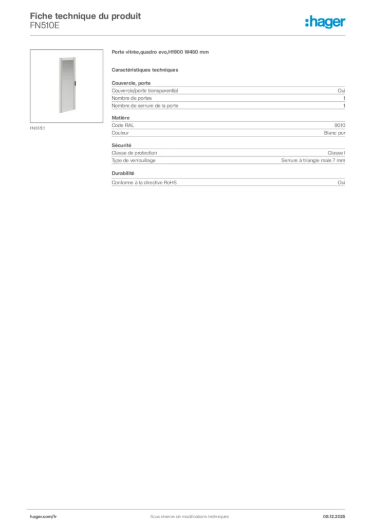 Image Hager Fiche technique du produit FN510E | Hager France