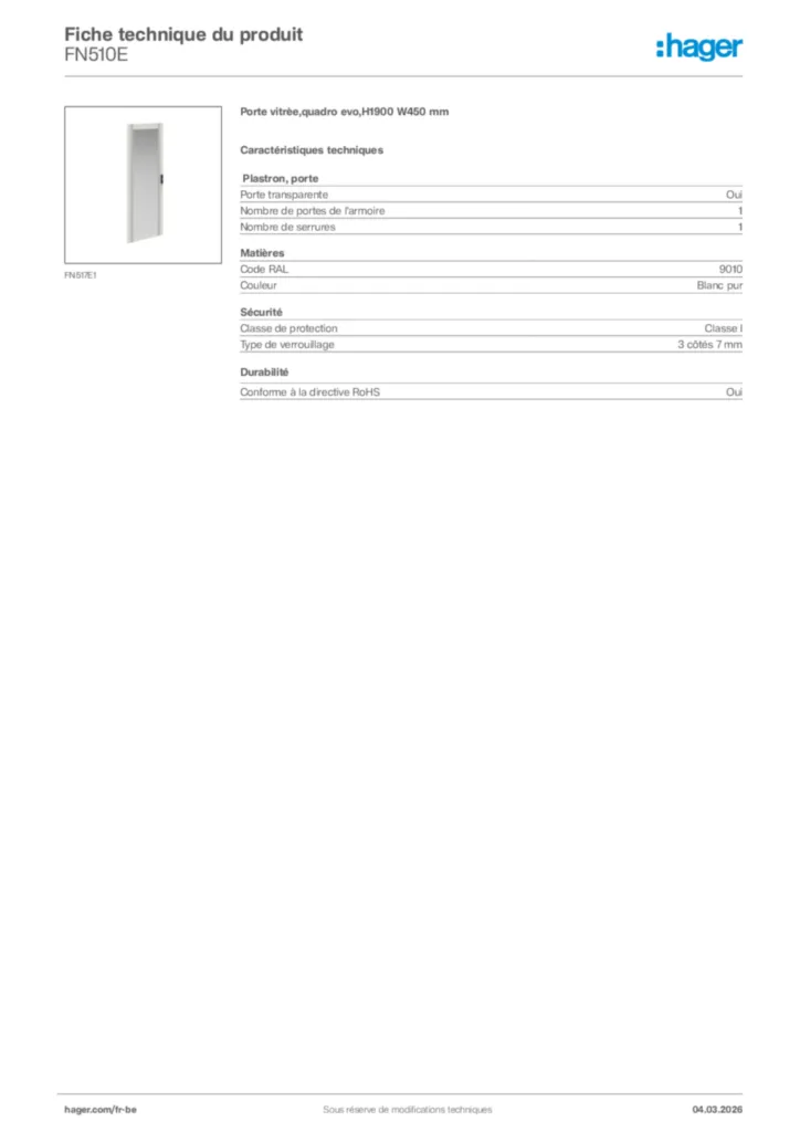 Image Hager Fiche technique du produit FN510E | Hager Belgique