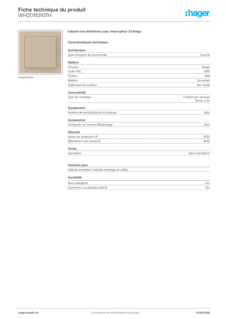 Image Hager Fiche technique du produit WH20110107H | Hager Suisse