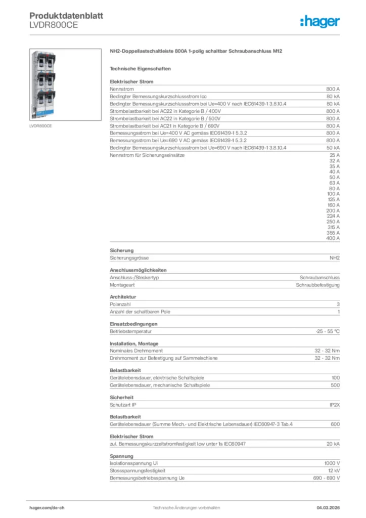 Bild Hager Produktdatenblatt LVDR800CE | Hager Schweiz
