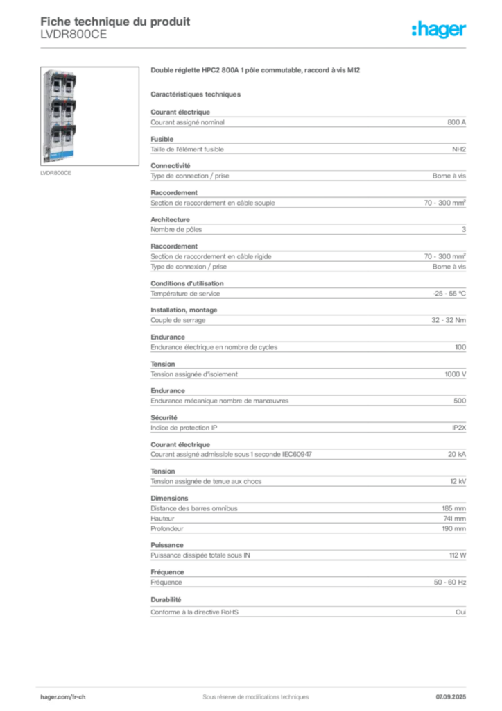 Image Hager Fiche technique du produit LVDR800CE | Hager Suisse
