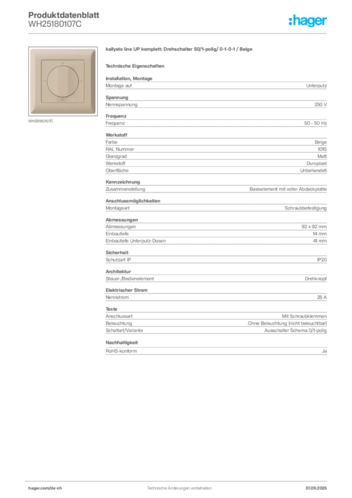 Bild Hager Produktdatenblatt WH25180107C | Hager Schweiz