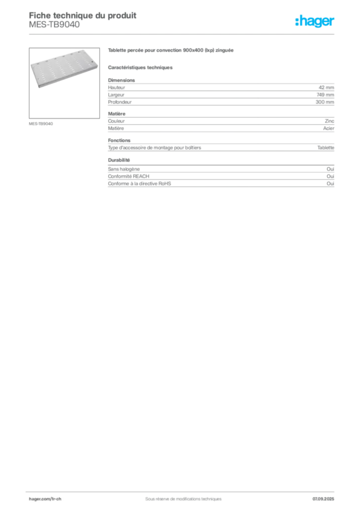 Image Hager Fiche technique du produit MES-TB9040 | Hager Suisse