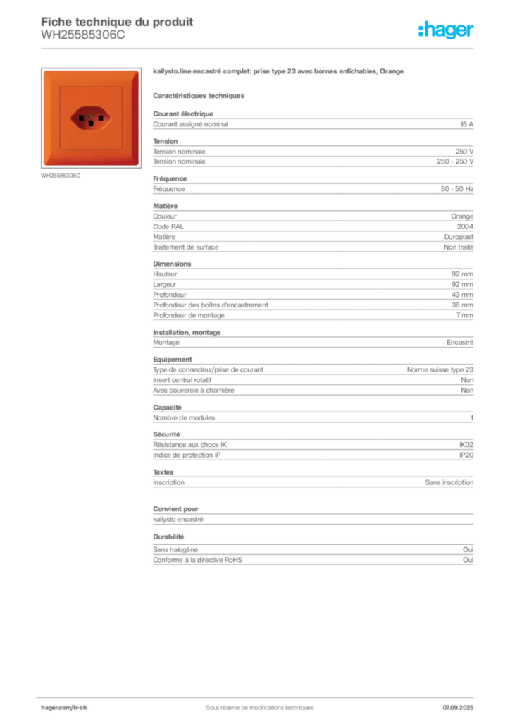 Image Hager Fiche technique du produit WH25585306C | Hager Suisse