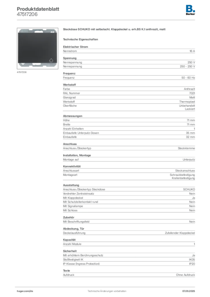 Bild Berker Produktdatenblatt 47517206 | Hager Deutschland