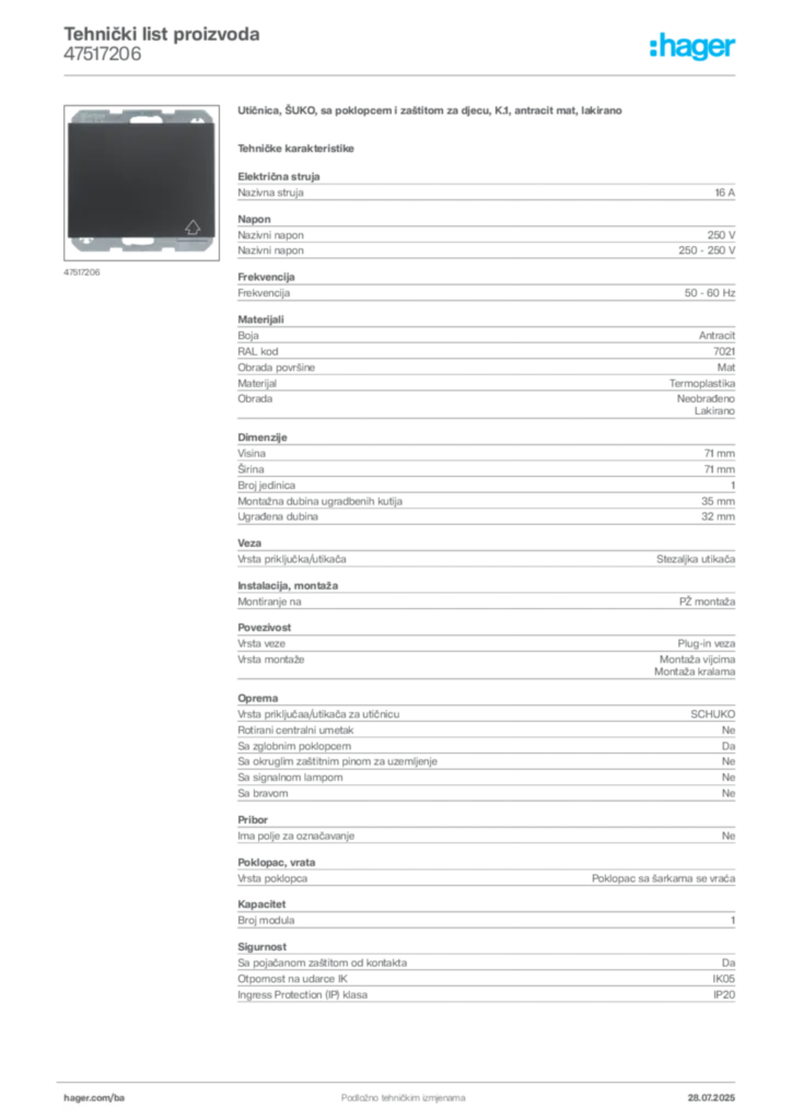 Slika Hager Product data sheet 47517206  | Hager