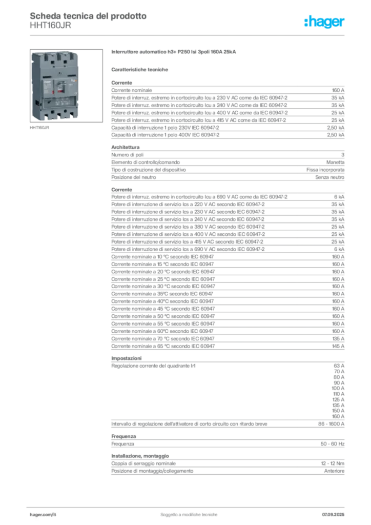 Immagine Hager Scheda tecnica del prodotto HHT160JR | Hager Italia
