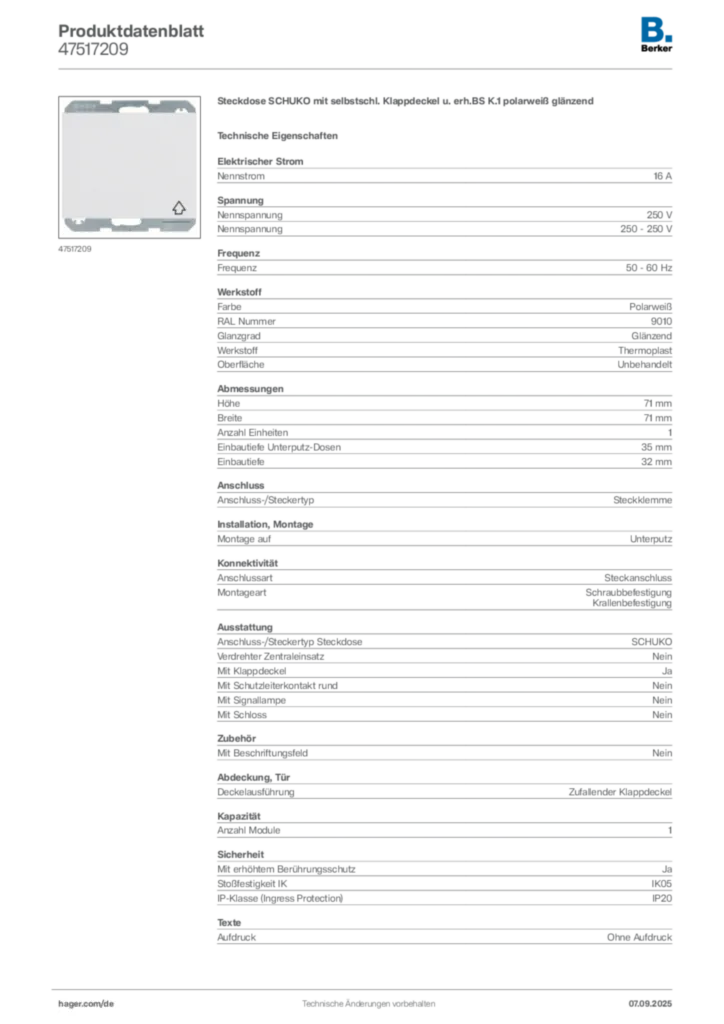 Bild Berker Produktdatenblatt 47517209 | Hager Deutschland