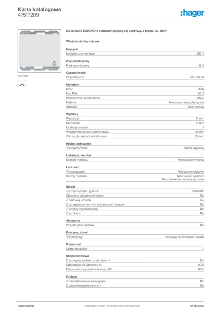 Zdjęcie Hager Karta katalogowa 47517209 | Hager Polska