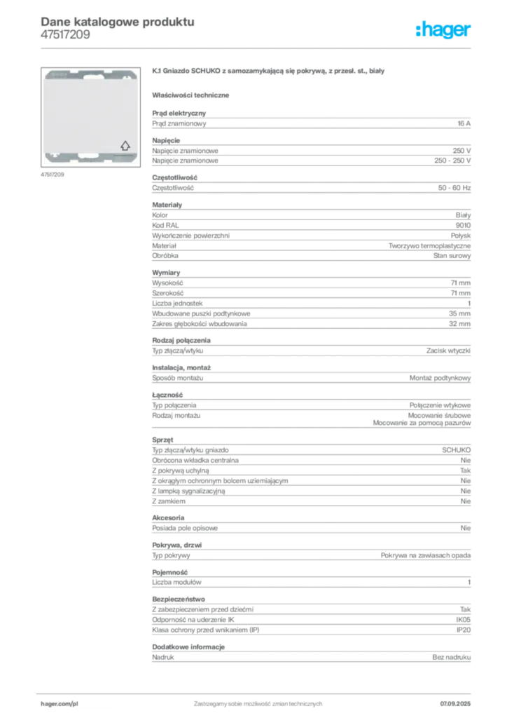 Zdjęcie Hager Dane katalogowe produktu 47517209 | Hager Polska