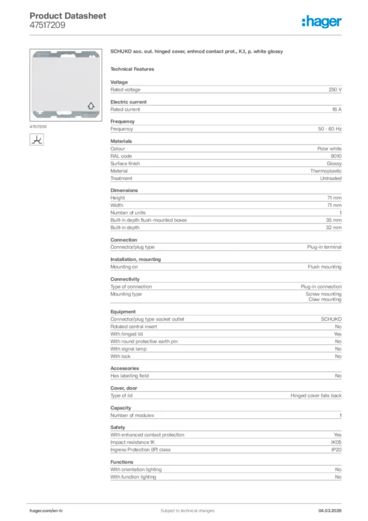Image Hager Product data sheet 47517209  | Hager