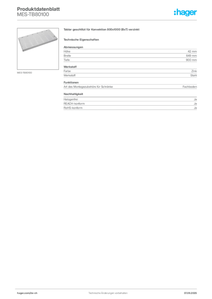 Bild Hager Produktdatenblatt MES-TB80100 | Hager Schweiz