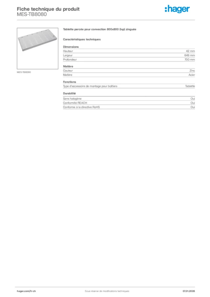 Image Hager Fiche technique du produit MES-TB8080 | Hager Suisse