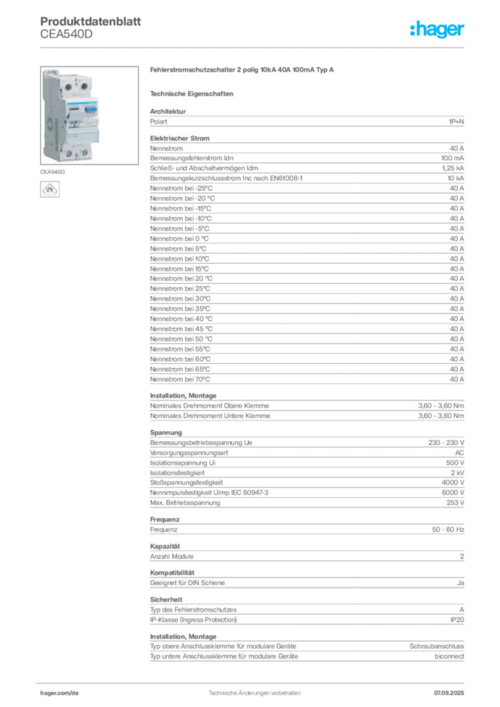 Hager Produktdatenblatt CEA540D