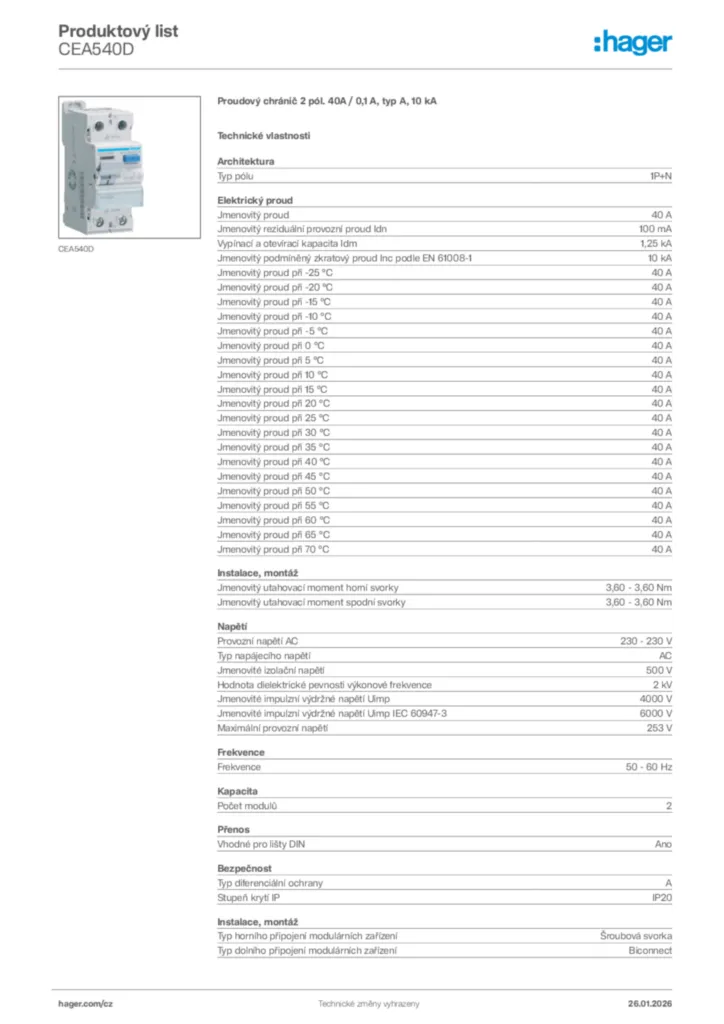 Obrázek Hager Product data sheet CEA540D | Hager