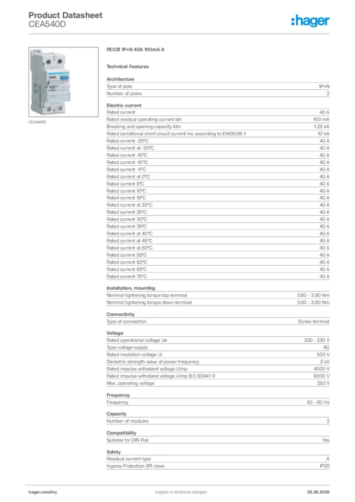 Image Hager Product data sheet CEA540D  | Hager