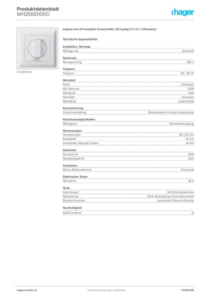 Bild Hager Produktdatenblatt WH25180100C | Hager Schweiz