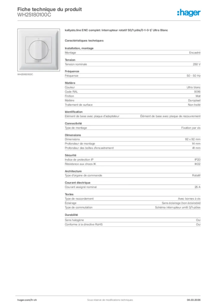 Image Hager Fiche technique du produit WH25180100C | Hager Suisse
