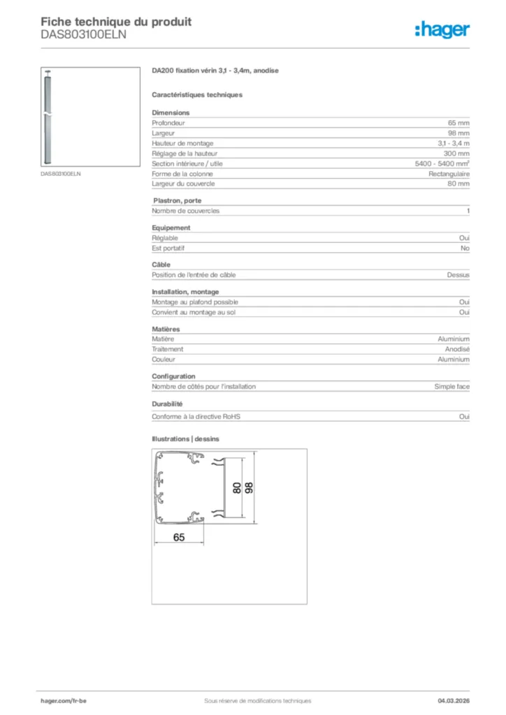 Image Hager Fiche technique du produit DAS803100ELN | Hager Belgique