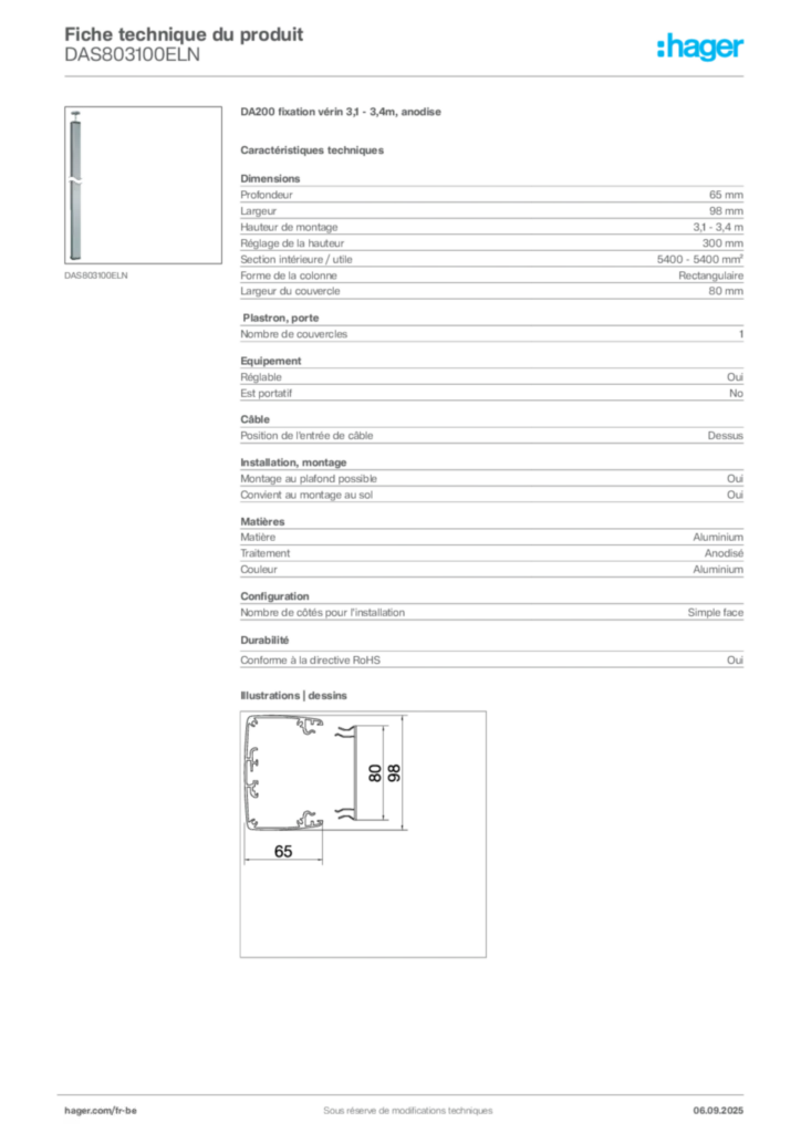 Image Hager Fiche technique du produit DAS803100ELN | Hager Belgique