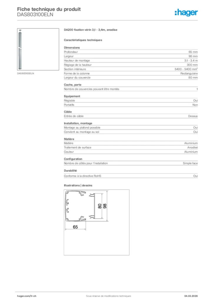 Image Hager Fiche technique du produit DAS803100ELN | Hager Suisse