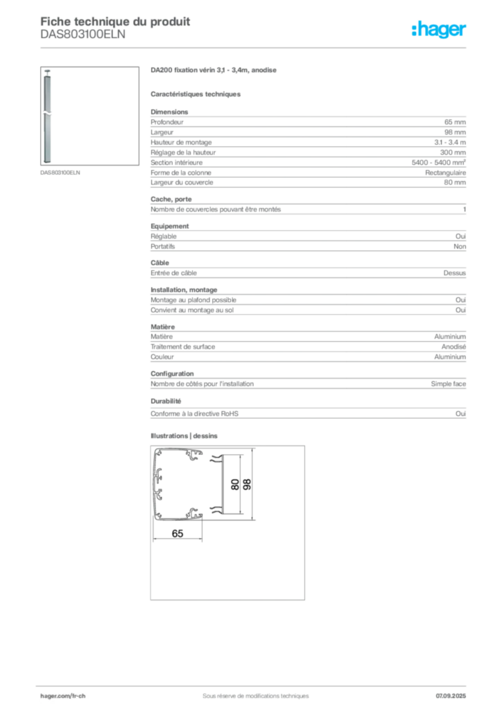 Image Hager Fiche technique du produit DAS803100ELN | Hager Suisse