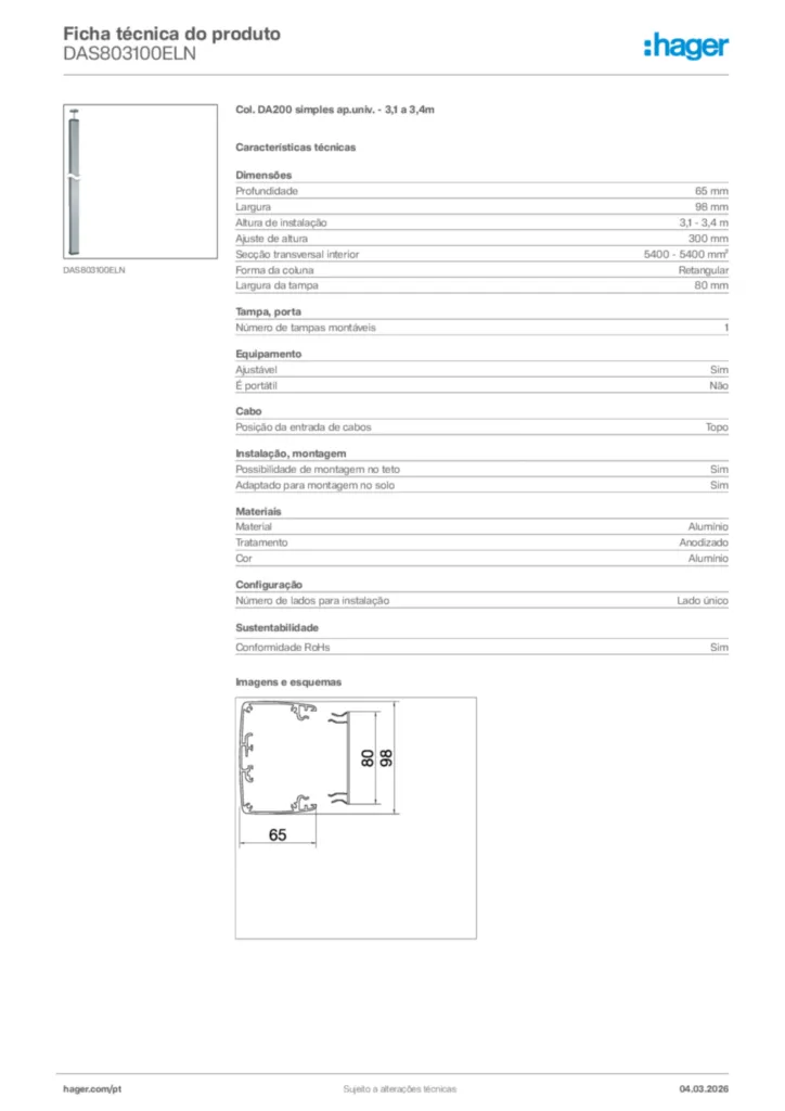 Imagem Hager Ficha técnica do produto DAS803100ELN | Hager Portugal
