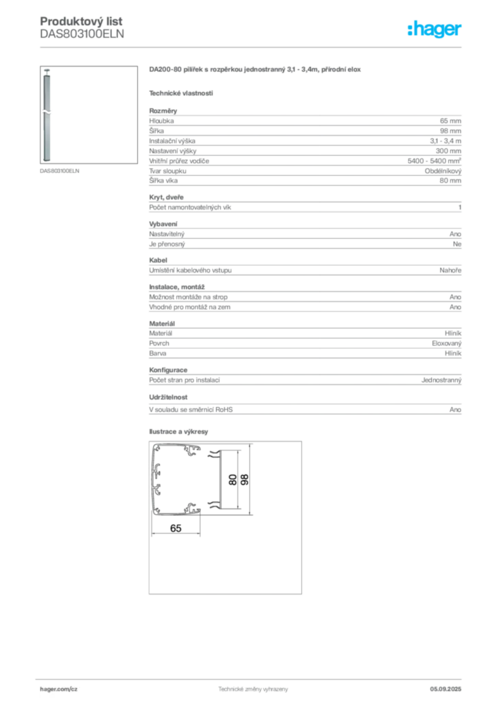 Obrázek Hager Produktový list DAS803100ELN | Hager